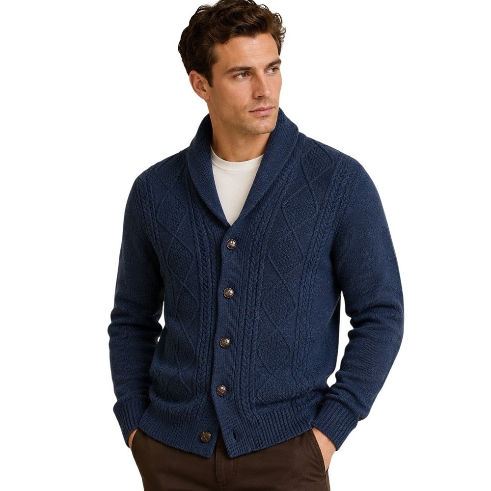 Haggar Shawl Collar‎ Cardigan Sweater Blue Cable Knit Button Front L